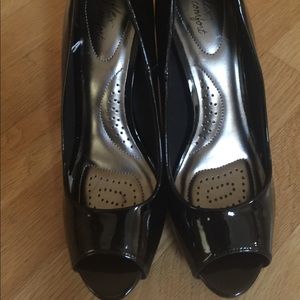 Black Patent Leather Peep Toe Pumps